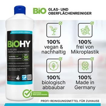 Preview: Glas- und Oberflächenreiniger - 100% vegan - nachhaltig - kennzeichnungsfrei - 1 Liter Konzentrat - Made in Germany - für streifenfreien Glanz