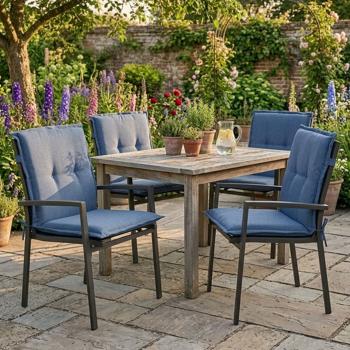 Set of 4 low-back garden chair cushions – soft, comfortable padding, cobalt blue, 105 x 50 cm – UV protection, with tie strings & strap, low-back upholstery