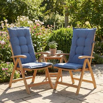 Preview: Lot de 2 coussins pour chaise de jardin à dossier haut – Garnissage doux et confortable, bleu cobalt, 123 x 50 cm – Protection UV, avec liens et sangle, coussin rembourré pour haut dossier