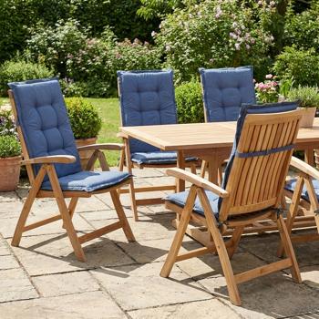 Preview: Lot de 4 coussins pour chaise de jardin haute – Garnissage doux et confortable, bleu cobalt, 123 x 50 cm – Protection UV, avec liens et sangle, coussin pour dossier haut