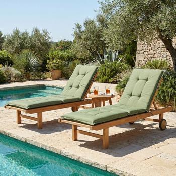 Preview: Lot de 2 coussins pour chaise longue – Garnissage doux et confortable, vert, 200 x 65 cm – Protection UV, liens & sangle – Pour jardin, balcon, chaise longue, bain de soleil