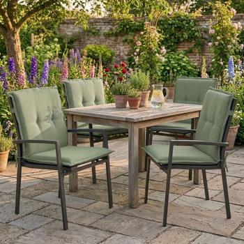 Set of 4 low-back garden chair cushions – Soft, comfortable padding, green, 105 x 50 cm – With UV protection, tie straps & belt, low-back padding