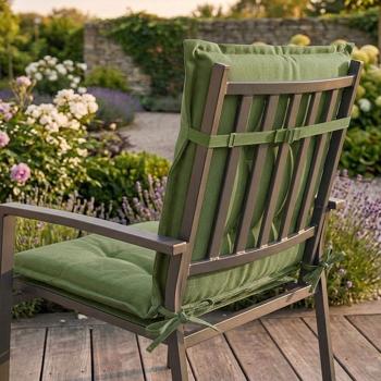 Preview: Set of 4 low-back garden chair cushions – Soft, comfortable padding, green, 105 x 50 cm – With UV protection, tie straps & belt, low-back padding