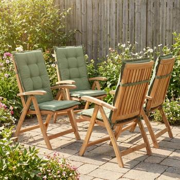 Preview: Lot de 4 coussins pour chaise de jardin à haut dossier – Garnissage doux et confortable, vert, 123 x 50 cm – Protection UV, avec liens et sangle, coussin haut dossier