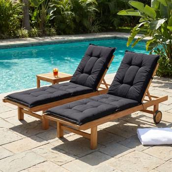 Preview: Lot de 2 coussins pour chaise longue – Garnissage souple et confortable, noir, 200 x 65 cm – Protection UV, liens d’attache et sangle – Pour jardin, balcon, transat, bain de soleil