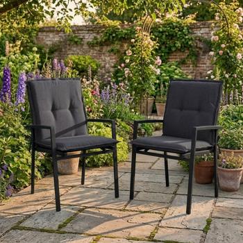 Set of 2 low‑back garden chair cushions – Soft, comfortable padding, black, 105 x 50 cm – UV protection, with ties & strap, low‑back padding