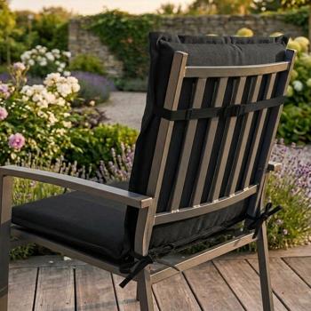 Preview: Set of 4 high-back garden chair cushions – Soft, comfortable padding, black, 105 x 50 cm – UV protection, with tie cords & strap, high-back padding