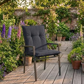 Preview: Set of 4 high-back garden chair cushions – Soft, comfortable padding, black, 105 x 50 cm – UV protection, with tie cords & strap, high-back padding