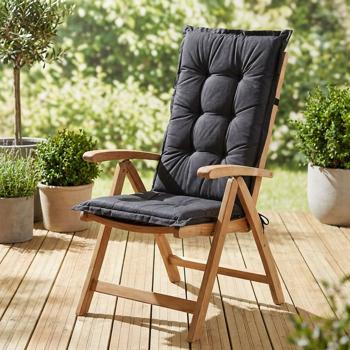 Preview: Coussin pour chaise de jardin dossier haut – Garnissage doux et confortable, noir, 123 x 50 cm – Protection UV, avec cordelettes & sangle, coussin dossier haut