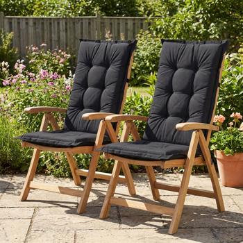 Preview: Lot de 2 coussins pour chaise de jardin dossier haut – Garnissage doux et confortable, noir, 123 x 50 cm – Protection UV, avec liens et sangle, coussin dossier haut