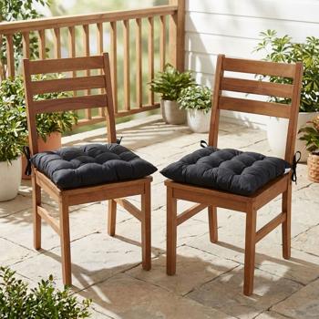 Preview: Lot de 2 coussins de chaise matelassés 46 x 46 cm noirs – Coussins d’assise confortables pour chaises de cuisine et de jardin – Épaisseur 8 cm – Protection UV – Avec liens de fixation