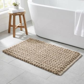 Premium bath mat 80x50 cm in sand – fluffy shower mat with textured knit look – non-slip cotton-blend bath rug