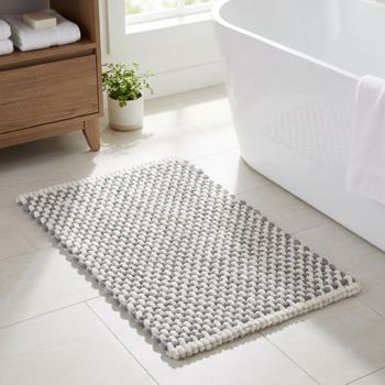Bath mat 80x50 cm in grey-white – soft shower mat made of chenille fabric in a knitted look – non-slip bath rug with cotton content