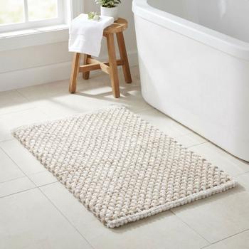 Bath mat 80x50 cm in beige-white – soft chenille shower mat with knitted look – non-slip bath rug with cotton content