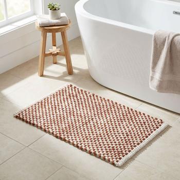 Bath mat 80x50 cm in terracotta-white – soft chenille shower mat in knitted look – non-slip bath rug with cotton content