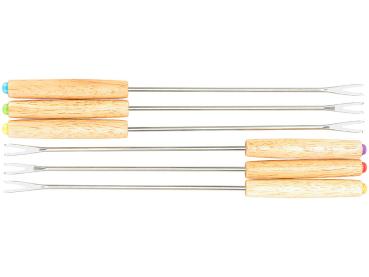 Preview: Lot 6x Fourchettes à Fondue - Acier Inoxydable & Manche Bois Isolé - Idéal Fromage, Viande, Asiatique, Wok - Compatible Rosenstein & Söhne - L. 26cm
