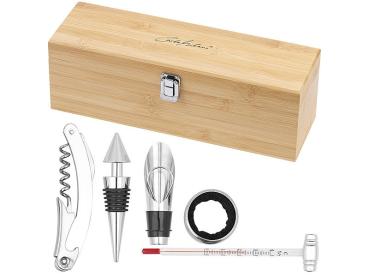 Preview: 5-teiliges Sommelier-Set in edler Bambusholz-Geschenkbox für 1 Weinflasche - bruchgeschützter Wein-Versand - Kellnermesser, Thermometer, Ausgiesser
