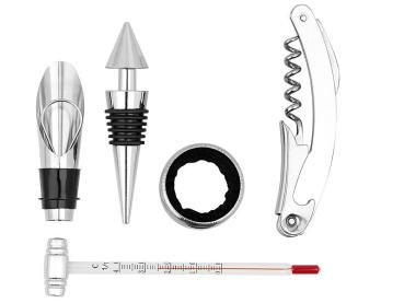 Preview: 5-teiliges Sommelier-Set in edler Bambusholz-Geschenkbox für 1 Weinflasche - bruchgeschützter Wein-Versand - Kellnermesser, Thermometer, Ausgiesser