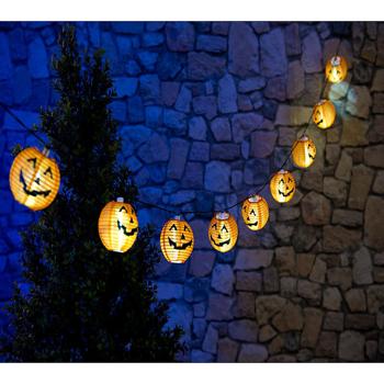 Preview: Catena luminosa solare con 10 lanterne LED a zucca – IP44 resistente agli spruzzi, ideale per Halloween e feste di compleanno per bambini – Con sensore crepuscolare e pannello solare