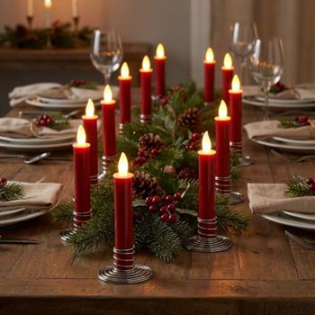 12 stimmungsvolle LED-Akku-Kerzen mit Edelstahl-Haltern, rot