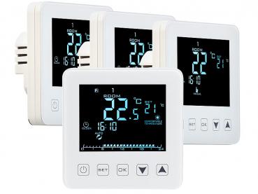 Preview: Thermostat mural pour chauffage au sol - 4 pièces - Écran LCD tactile, programmable 7j/7, 6 phases jour, 2 capteurs - Température 5-35°C