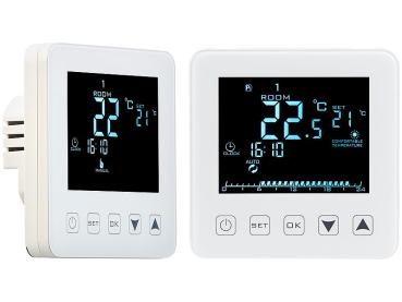 Preview: Thermostat mural 2 pièces pour plancher chauffant - LCD, boutons tactiles - Programmable, 2 capteurs, 5-35°C, 6A/16A