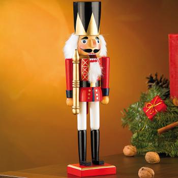 Preview: Handbemalter Deko-Nussknacker König - Erzgebirge-Stil Weihnachtsdeko 35cm Holzfigur - Beweglicher Knackhebel - Rot-goldene Uniform mit Krone