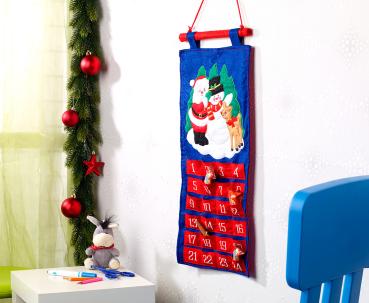 Preview: Calendrier de l’Avent en tissu InFactory - À remplir soi-même, 24 poches - Motifs de Noël, polyester - 29x58/80cm (avec/sans crochet)
