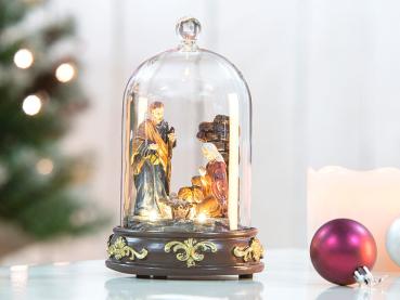 Preview: 2er-Set Weihnachtskrippen mit Glasglocke - Handbemalte Figuren, LED-Beleuchtung (3 warmweisse LEDs) - Deko für Zuhause Ø 12x19.5 cm Holz/Glas/Polyresin