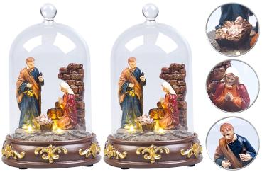 Preview: 2er-Set Weihnachtskrippen mit Glasglocke - Handbemalte Figuren, LED-Beleuchtung (3 warmweisse LEDs) - Deko für Zuhause Ø 12x19.5 cm Holz/Glas/Polyresin
