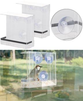 Preview: 2er-Set Vogel-Futterhäuser - Acryl, transparent mit 2 Silos - Saugnapf-Befestigung, Wetterschutz Dach - Für Garten- & Singvögel, Naturkino