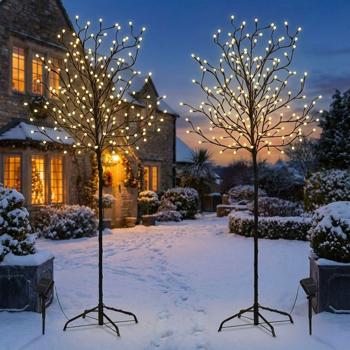 2er-Set XL-Solar-LED-Lichterbäume mit  je 200 beleuchteten Knospen