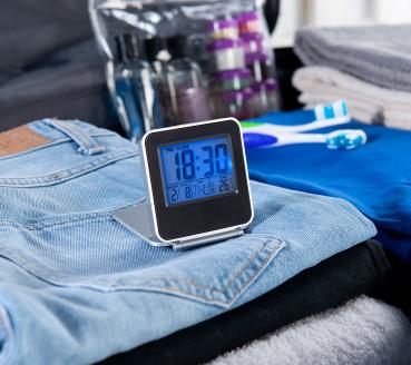 Preview: Kompakter Digital-Reisewecker mit Thermometer, Kalender und Timer Preview: Kompakter Digital-Reisewecker mit Thermometer, Kalender und Timer