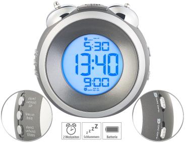 Preview: Digitaler Glockenwecker mit 2 Weckzeiten und Wochentags-Alarm, rund Preview: Digitaler Glockenwecker mit 2 Weckzeiten und Wochentags-Alarm, rund