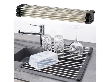 Preview: 2er-Set Abtropf-Auflagen faltbar XXL 55x45cm - Hitzebeständige Edelstahl Spülbecken-Auflage mit Silikon-Rand - Platzsparend & rutschfest