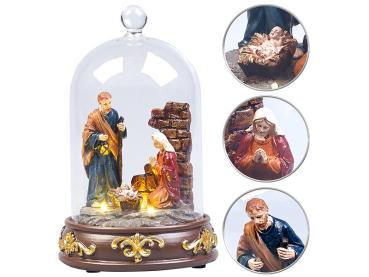Preview: Christmas nativity scene with glass dome and LED lighting, hand-painted