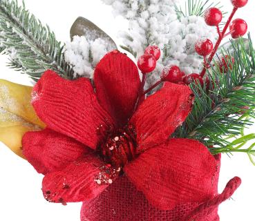 Preview: Composition florale de Noël - Fleurs rouges, branches, baies, neige artificielle - Décoration table/fenêtre - Ambiance festive/élégante - 9x27cm, 140g