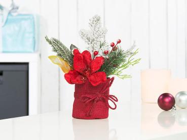 Preview: Composition florale de Noël - Fleurs rouges, branches, baies, neige artificielle - Décoration table/fenêtre - Ambiance festive/élégante - 9x27cm, 140g