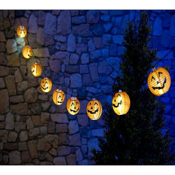 Preview: Fata LED con 10 lanterne in stile zucca di Halloween, timer, IP44