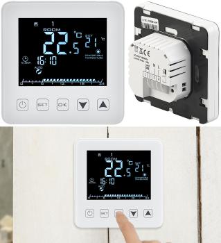 Preview: Wand-Thermostat für Fussbodenheizung - LCD-Touch-Tasten, programmierbar & energieeffizient - 2 Sensoren, Frostschutz, Kindersicherung, 230V
