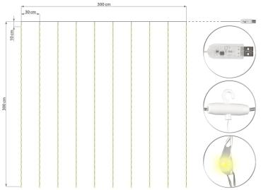 Preview: LED-Lichtervorhang 300 warmweisse LEDs dimmbar - Party- & Hochzeitsdekoration mit Timer & 8 Modi - USB-Stromversorgung - 3x3m kürzbar