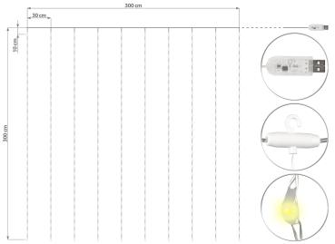 Preview: RGB-LED-Lichtervorhang, 300 LEDs, Fernbedienung, 3x3 m, Timer, USB