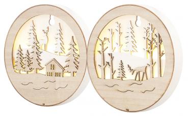 Preview: 2er-Set LED-Echtholzbilder - 3D-Bilder für heimelige Weihnachtsstimmung - warmweiss leuchtend - Batteriebetrieb mit Aufhänge-Öse - Ø 145x20mm