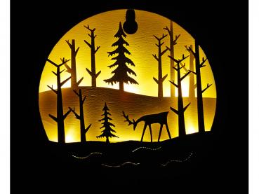 Preview: 2er-Set LED-Echtholzbilder - 3D-Bilder für heimelige Weihnachtsstimmung - warmweiss leuchtend - Batteriebetrieb mit Aufhänge-Öse - Ø 145x20mm