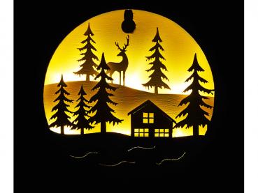 Preview: 2er-Set LED-Echtholzbilder - 3D-Bilder für heimelige Weihnachtsstimmung - warmweiss leuchtend - Batteriebetrieb mit Aufhänge-Öse - Ø 145x20mm