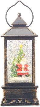 Preview: Deko-LED-Laterne - Schneewirbel-Effekt mit Weihnachtsmann & Tannenbaum - Warmweiss, Batteriebetrieben, 220x85x85mm, 860g - Antiker Messing-Look