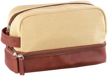 Preview: Geräumiger Canvas-Kulturbeutel - 2 Fächer beige/braun - Robustes Design für Zuhause & Reisen - Wasserabweisend, 23x13x9 cm, 170g