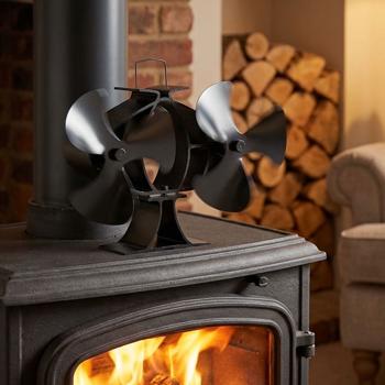Stromloser Kaminofen-Doppel-Ventilator, je 3 Lüfter-Blätter, ab 65 °C