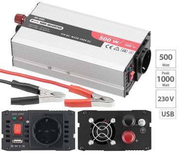 Preview: Car voltage converter with 500 Watt, 230 Volt, USB, Peakpower 1.000 Watt