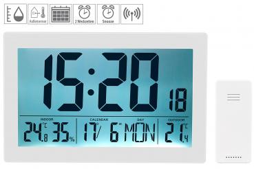 Preview: Horloge radio-pilotée XL avec thermo-hygromètre et capteur extérieur - Blanc